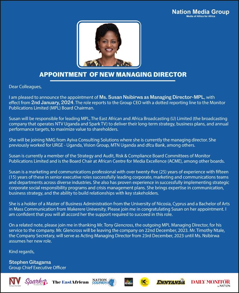 Congratulations to Susan Nsibirwa on her appointment as the new Managing Director of Monitor Publications Limited. 🙌🏾🎉 @SueNsibirwa, ACME's current board chair, is a fantastic and capable addition to the NMG Uganda team. Hongera! 💃🏾🥳