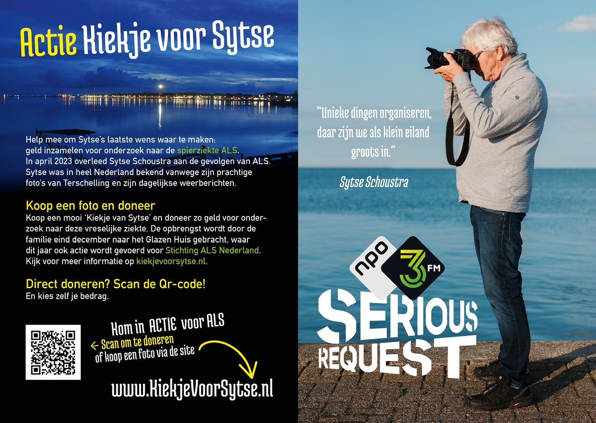Albert_Wester's tweet image. Psstt, niet vergeten hoor! 
Breng in de donkere dagen voor #kerst nog even wat licht en doneer op kiekjevoorsytse.nl of koop daar een foto! Alles om geld in te zamelen voor @ALSnederland en om aan de laatste wens van @SytseSchoustra te voldoen. Doen! Actie op #Terschelling