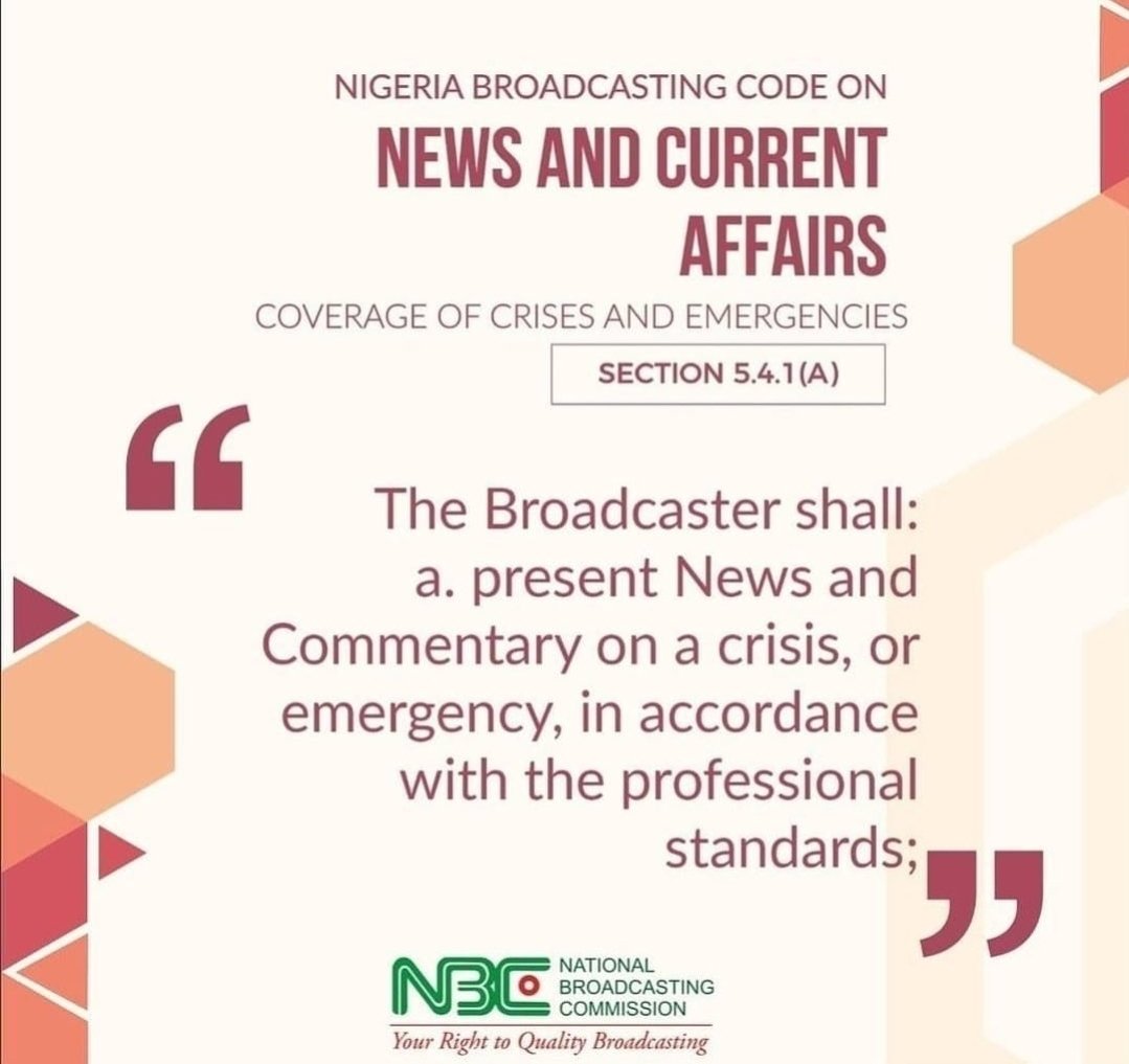 nbcgovng's tweet photo. #News
#currentaffairs
#NBCode
Your Right to Know the Nigeria Broadcasting Code on News and Current Affairs- Coverage of Crises and Emergencies.
@NtaNewsnow @radionigeriahq
@AIT_online
@channelstv
@TVCconnect
@Arisetv
@NigeriainfoFM
@voiceofnigeria
@NgNewsAgency https://t.co/9htbCgshou
