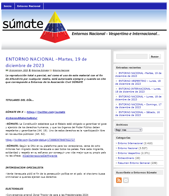 Sumate's tweet image. Entorno Nacional #Martes19Diciembre
Te ofrecemos nuestro 1er reporte de lo acontecido en el ámbito político - electoral, publicado por los principales portales de noticias del país.
Accede a Entornos Internacional y Vespertino
Pulsa aquí: entornos.sumate.org