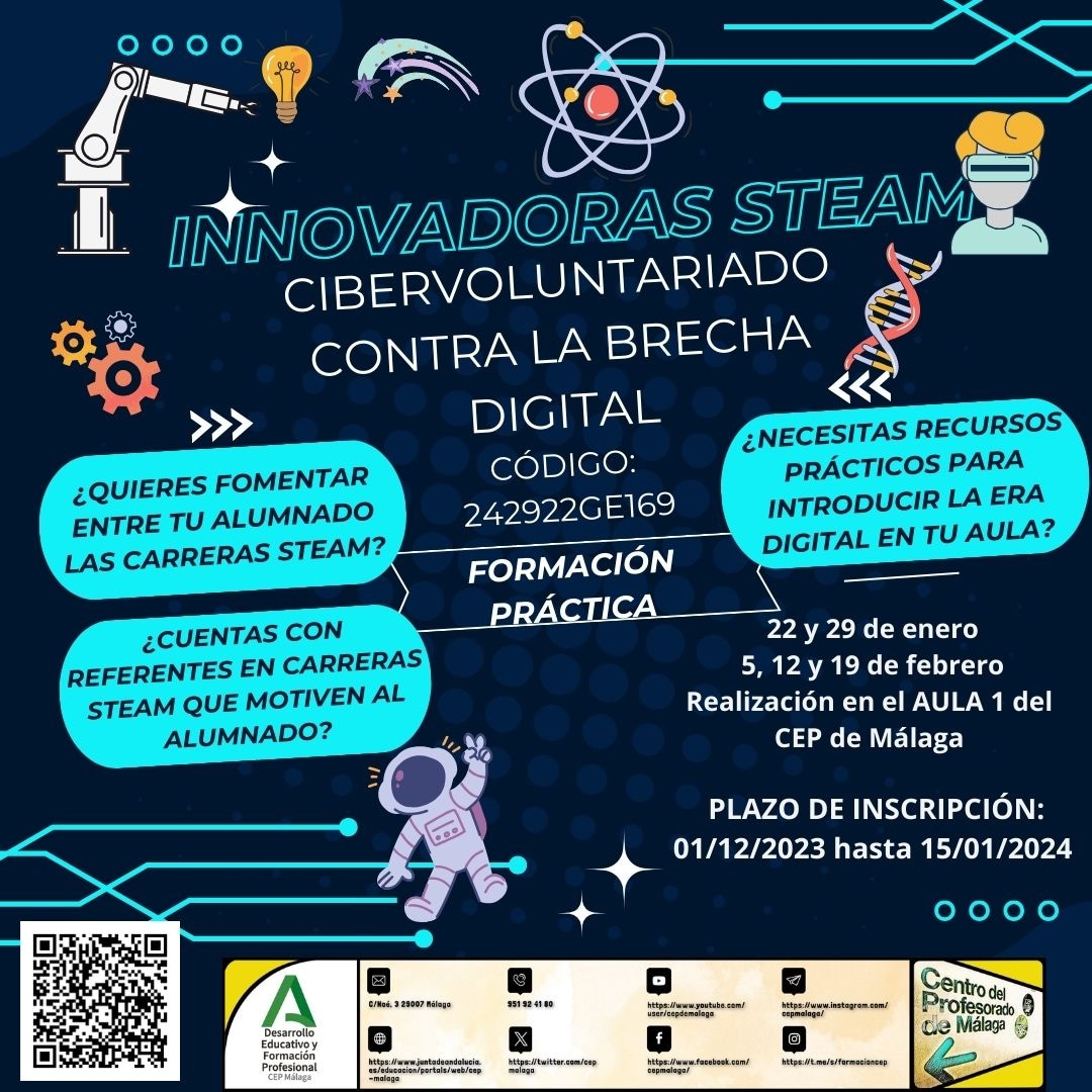 📣📣¡ÚLTIMAS PLAZAS!INNOVADORAS STEAM. CIBERVOLUNTARIADO CONTRA LA BRECHA DIGITAL. Curso de 15 horas presenciales en el CEP de Málaga los días 22 y 29 de enero, 5, 12 y 19 de febrero de 17:00 a 20:00. Más información e inscripción en:  juntadeandalucia.es/educacion/secr…