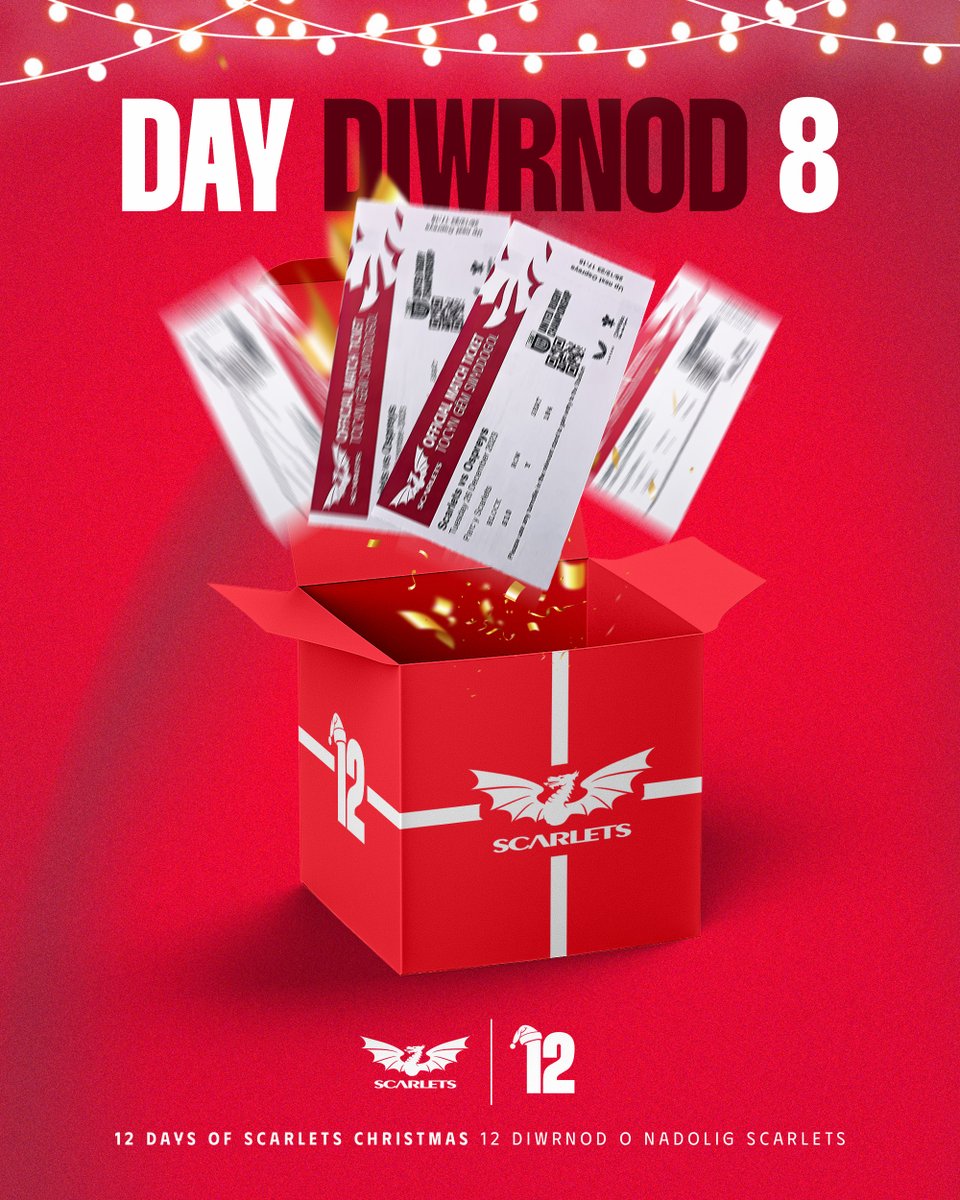 Celebrate the 12 Days of Scarlets Christmas 🎅

Day 8 - We’re giving away two tickets to our Boxing Day derby against <a href="/ospreys/">Ospreys</a> at Parc y Scarlets!

Like and share to enter 🤞

Cyfle i ennill pâr o docynnau i gêm Dydd San Steffan yn erbyn y Gweilch ym Mharc y Scarlets!