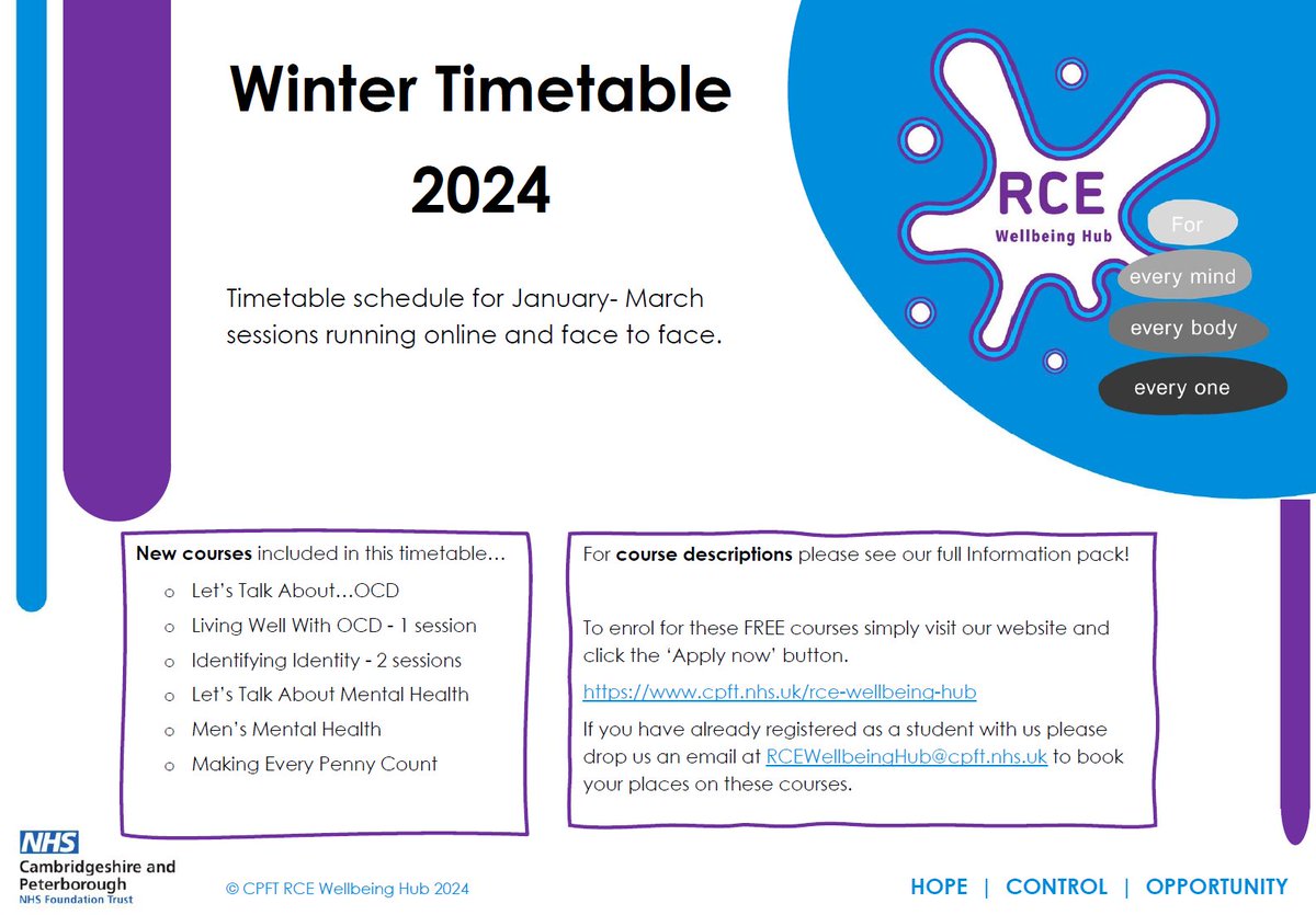 Our RCE Wellbeing Hub has launched its exciting new Winter Term Timetable for January-March 2024. It includes online, face-to-face and evening sessions to ensure you can embrace our courses in whichever way is convenient for you! Find out more here: bit.ly/45nMLOf