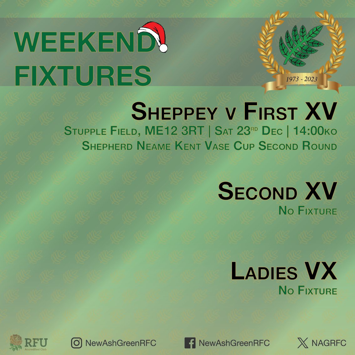 Just one more game for the 1XV in 2023 and it's away to @SheppeyRFC_1892 in the Kent Vase Cup Second Round! A repeat of last season's semi final and looking to end the year on a high! 
All support appreciated!