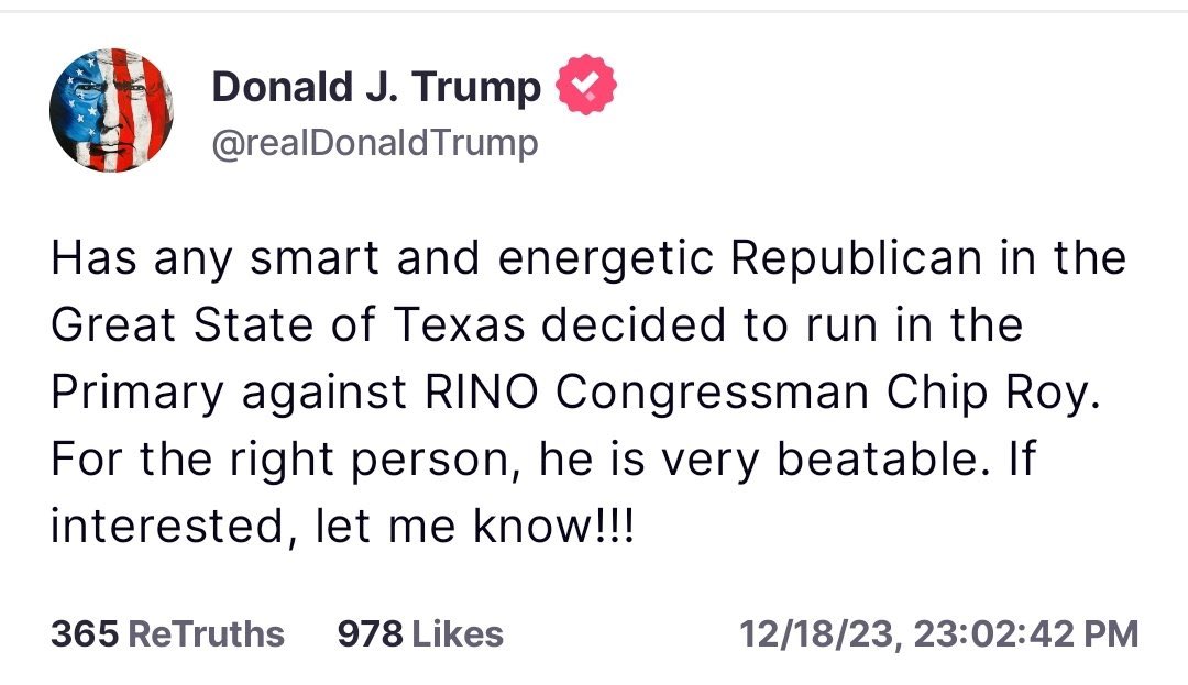 Trump calls for a primary of Chip Roy because Roy is supporting someone else in the primary and accurately describes Trump’s numerous failures last term. Only problem for Trump, who has never been big on rules, is the primary filing deadline has already passed.