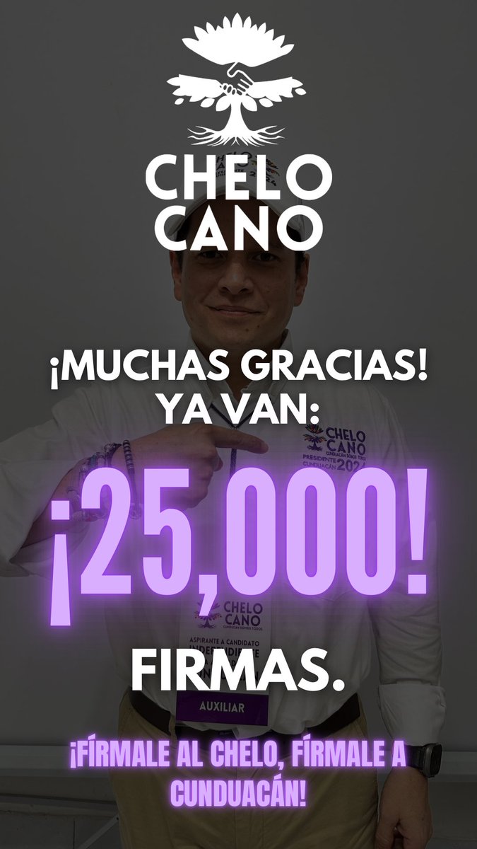 cheloocano's tweet photo. Queridas amigas y amigos, les comparto con mucha alegría que el día de hoy llegamos a 25 mil firmas, sin duda esto no sería posible sin su confianza. 

Cunduacán es nuestro hogar, Cunduacán merece continuidad. 🫶🏽

¡Fírmale al Chelo Cano! Firma independiente 💜🌳
@elcheliito https://t.co/IykLwXywjx