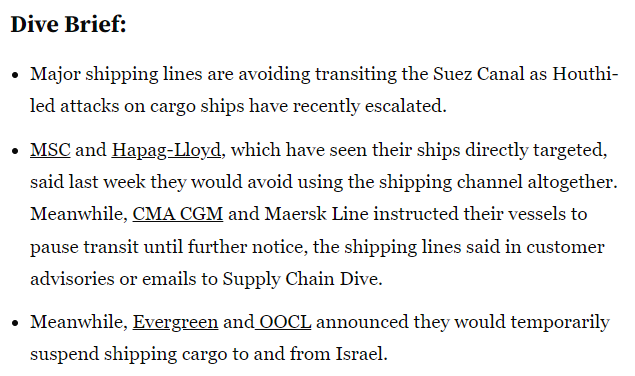 This Red Sea situation is very very bad. And while the best person to consult is a logistician, I want to take a laymans stab at it.

Currently, container ships are being attacked regularly with anti ship missiles and drones via the Houthi's(Iranian Proxies in Yemen). The USS