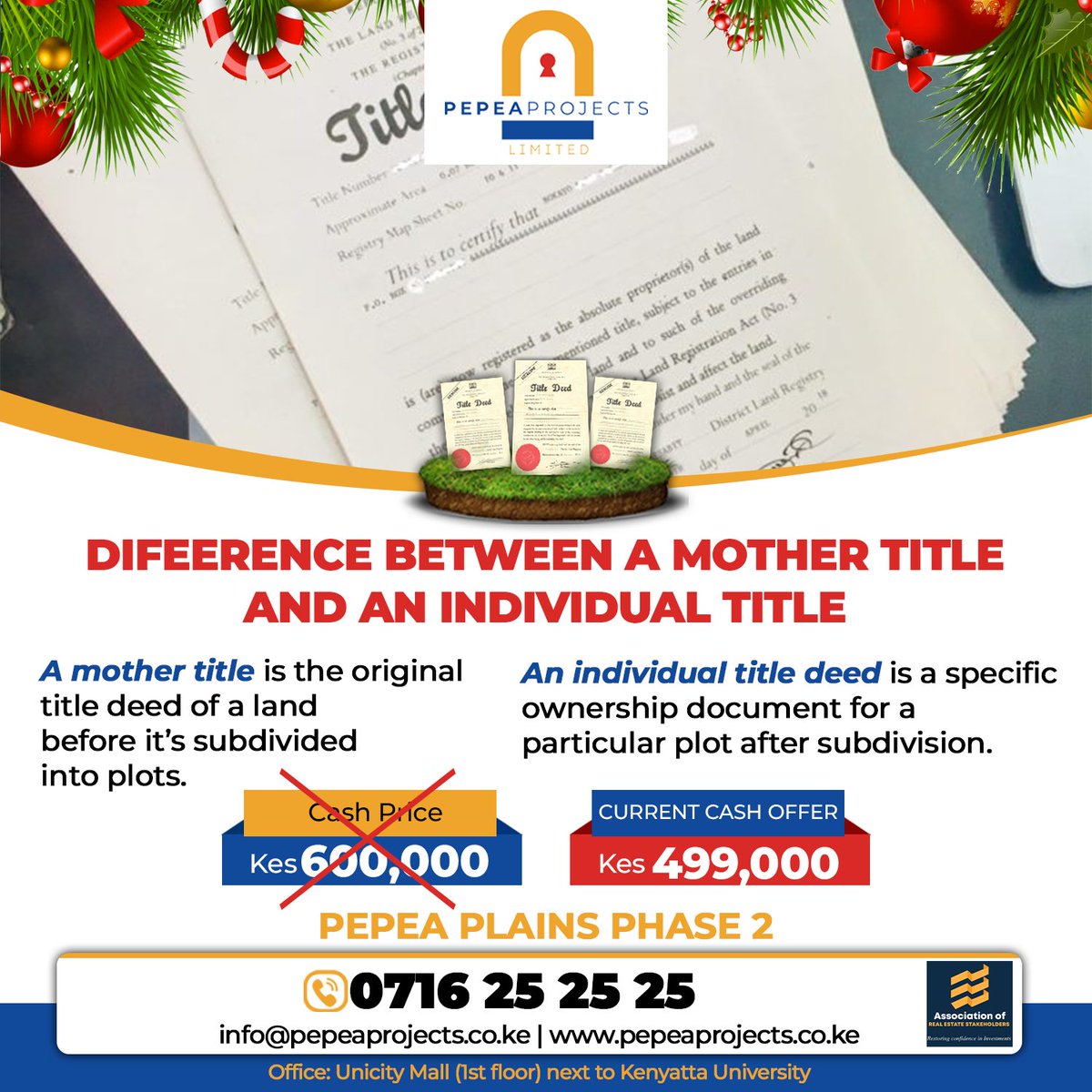 A mother title is the original title deed of a land before it’s subdivided into plots.
An individual title deed is a specific ownership document for a particular plot after subdivision.
Contact Us 0716 252525 
pepeaprojects.co.ke
#MainaAndKingangi #KrisiNaComfortHomes