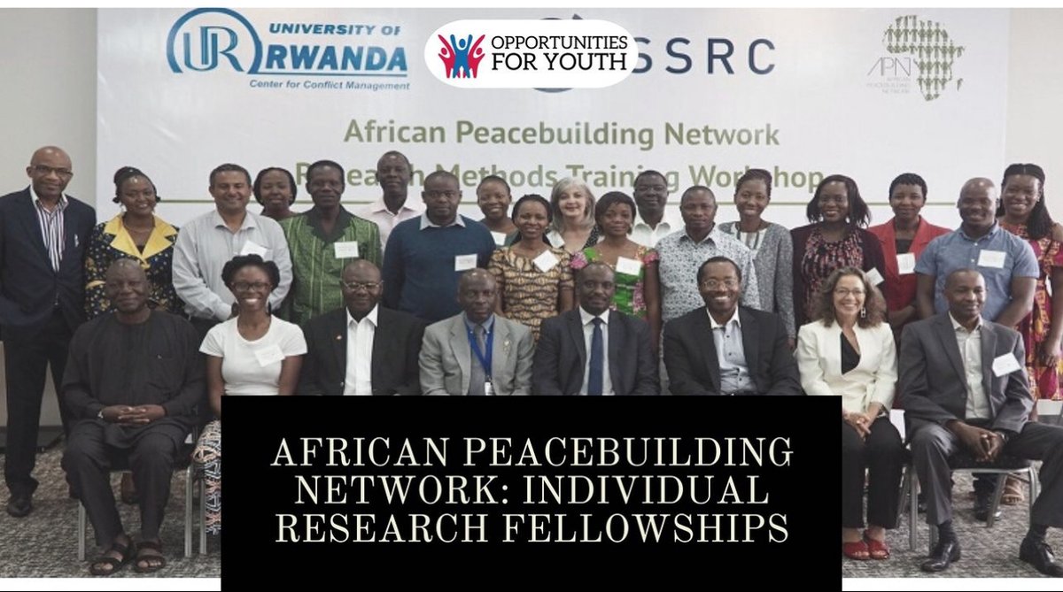 opportunitiesfy's tweet image. 🕊️ Apply for the African Peacebuilding Network&apos;s Individual Research Fellowships and unlock your potential.

📆 Deadline: February 11, 2024. 

📩 Apply shorturl.at/AHRU8

#AfricanPeacebuilders #ResearchFellowships #peacebuilder #fellowship #training #opportunityforyouth