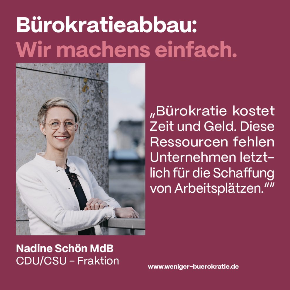 INSM (@insm) on Twitter photo Das Schriftformerfordernis widerspricht den Ambitionen der Digitalstrategie, daher setzt sich die Abgeordnete <a href="/NadineSchoen/">Nadine Schön</a> von der <a href="/CDU/">CDU Deutschlands</a> -Fraktion als Patin für die Abschaffung der Schriftformerfordernisse im Berufsbildungsgesetz im neuen INSM-Portal für #wenigerBürokratie ein. Das Schriftformerfordernis widerspricht den Ambitionen der Digitalstrategie, daher setzt sich die Abgeordnete <a href="/NadineSchoen/">Nadine Schön</a> von der <a href="/CDU/">CDU Deutschlands</a> -Fraktion als Patin für die Abschaffung der Schriftformerfordernisse im Berufsbildungsgesetz im neuen INSM-Portal für #wenigerBürokratie ein.
