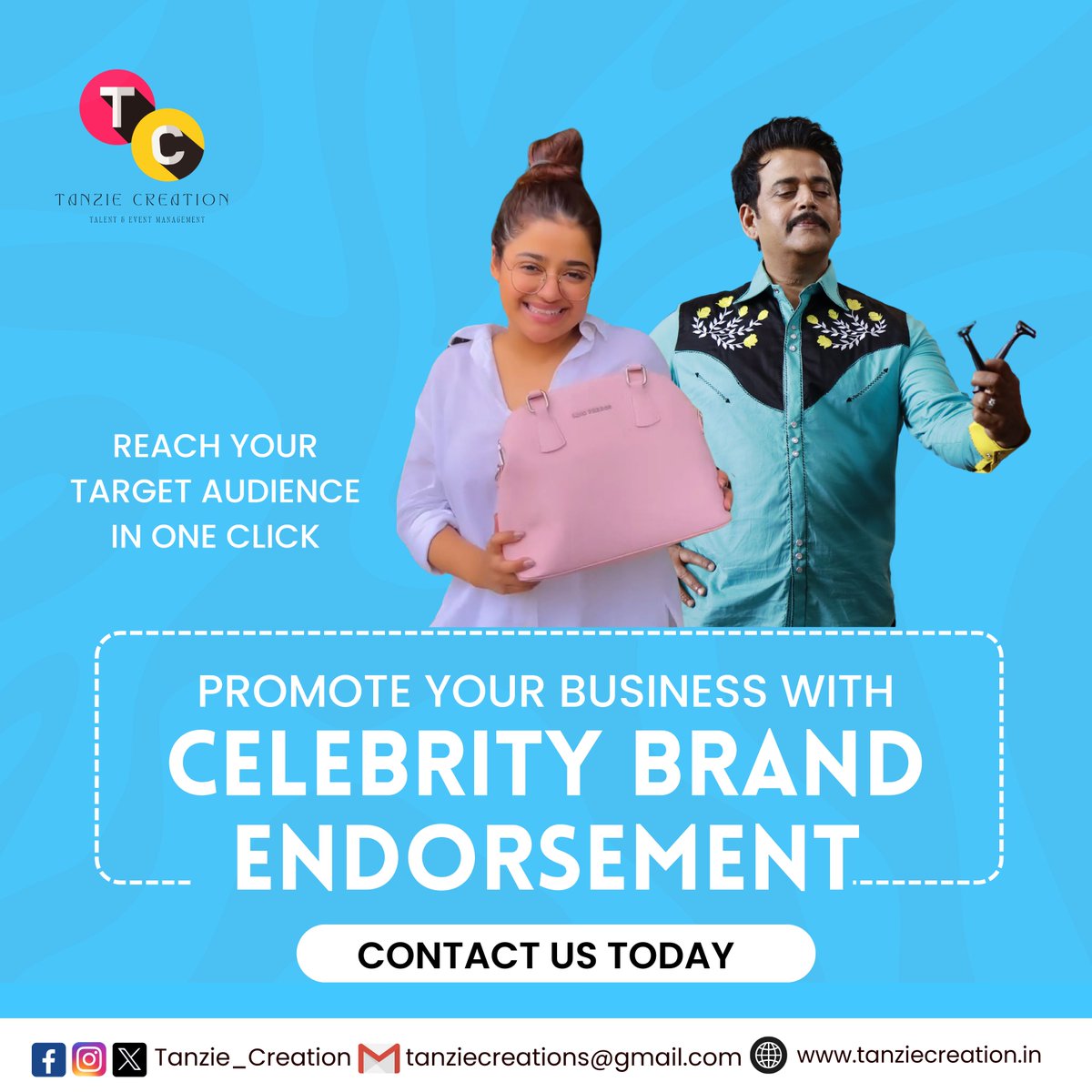 Get your brand in front of millions with a celebrity endorsement. Contact us and watch your target audience fall in love! ✨

#celebrityendorsement, #marketingstrategy, #brandgrowth, #influencermarketing #TanzieCreation #TalentManagementAgency