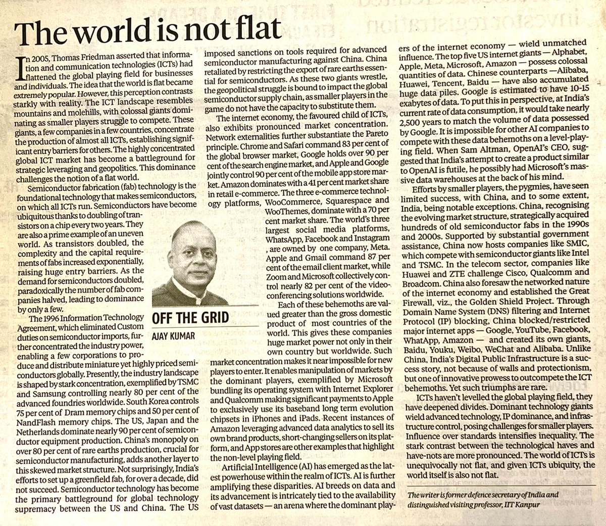 Unlike Thomas Friedman's popular notion that ICTs have made the world flat, I bring out how ICTs have accentuated market concentration amplifying inequalities & distortions. My article 'The world is not flat' in Business Standard December 19, 2023. business-standard.com/opinion/column….