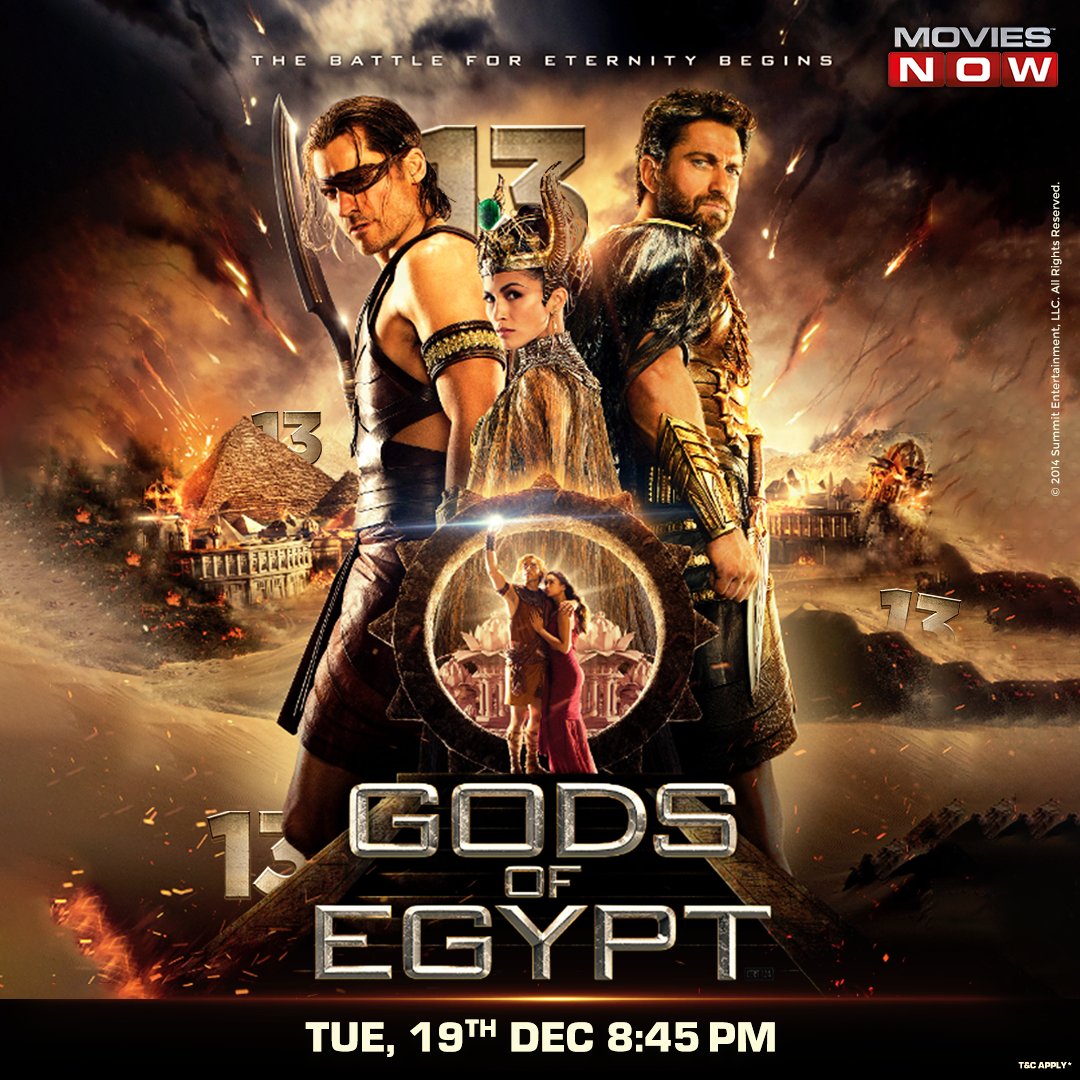 #ContestAlert When Movies Now turns 13, even gods can't resist the fun. Tell us how many '13' are hidden in the poster of tonight's special feature and stand to win a prize. #13Anniversary #GodsOfEgypt #Excitingprizes #MoviesNowAnniversary #MoviesNow