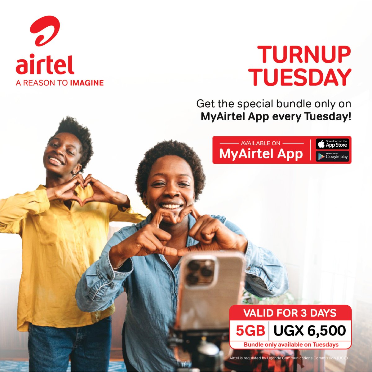 Hey UOX, Get special bundles designed for you and yours truly, Get 5Gb for 6,500 valid for 3 days while using the #MyAirtelApp enjoy the rest of your week with your friends and relatives. Use this link airtelafrica.onelink.me/cGyr/qgj4qeu2 #TurnUpTuesday