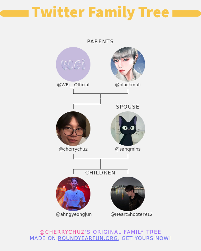 cherrychuz's tweet photo. 👨‍👩‍👧‍👦 My Twitter Family:
👫 Parents: @WEi__Official @blackmuli
👰 Spouse: @sanqmins
👶 Children: @ahngyeongjun @HeartShooter912

➡️ https://t.co/4Nc53bnCgZ https://t.co/tiBH5Q5J49