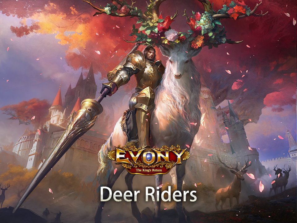 🏹Introducing the Royal Glory March Effect 'Deer Riders' Experience the majestic combination of the noble stag and the gallant knight. Make sure to get this splendid duo now!🌟🦌 #evony