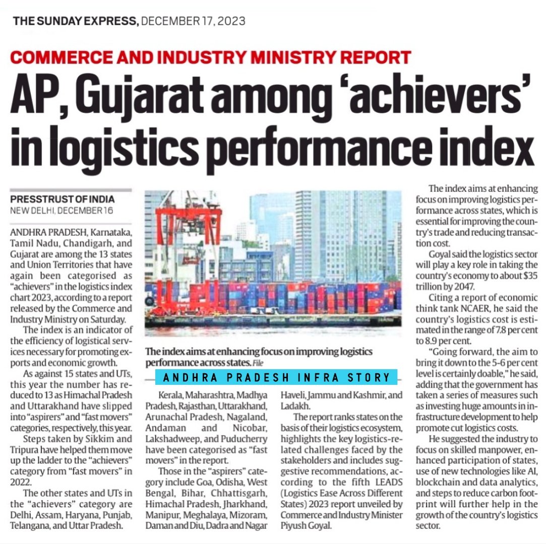 YSRCPFORUM_BLR's tweet image. 🔸Andhra Pradesh Tops In Central Govt
“ Logistics Performance Index ” 🚚⚓
#AndhraPradesh #Achiever #LogisticsPerformanceIndex
