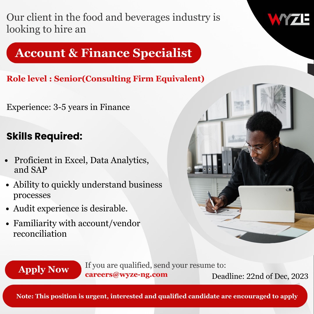 Exciting Opportunity Alert!  Our dynamic client in the Food and Beverage industry is on the hunt for a talented Accountant and Finance Specialist to join their team. If you're passionate about numbers, Apply now! 

#JobOpportunity #FinanceCareers #AccountingJobs #FoodandBeverage