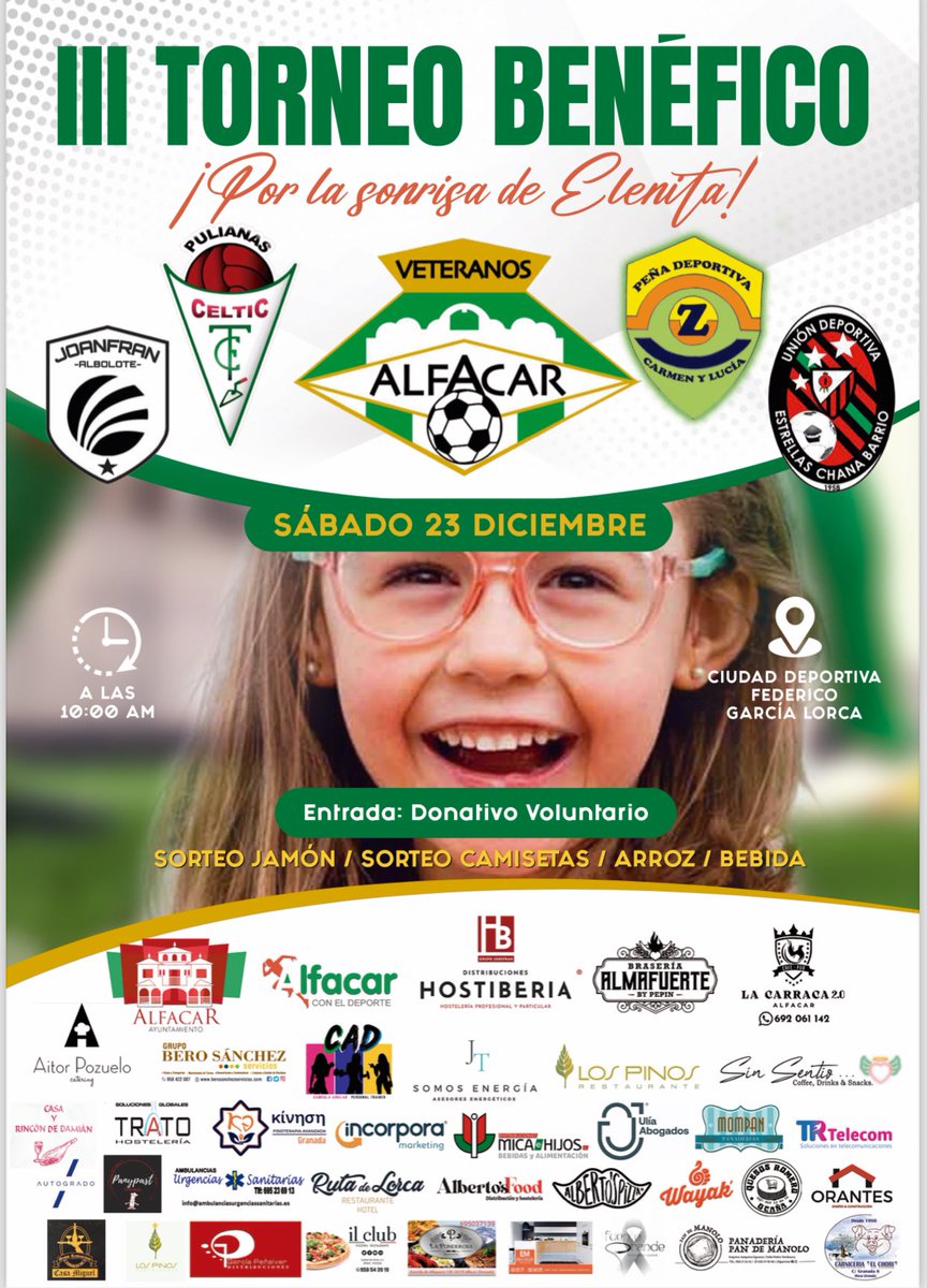 Nos vemos este Sábado 23 en la Ciudad Deportiva Federico García Lorca de ALFACAR en el lll Torneo Beneficio de los Veteranos U.D. Alfacar.

Todos por la @sonrisaelenita