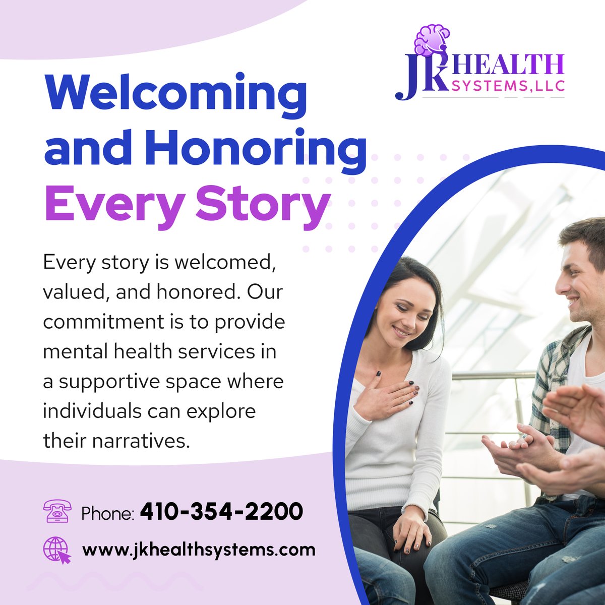 Take the first step towards a healthier, happier you. Jk Health Systems,LLC honors your individuality by tailoring our services to meet your unique needs. 

#PersonalizedSupport #WellbeingJourney #MentalHealthCare #BaltimoreMD