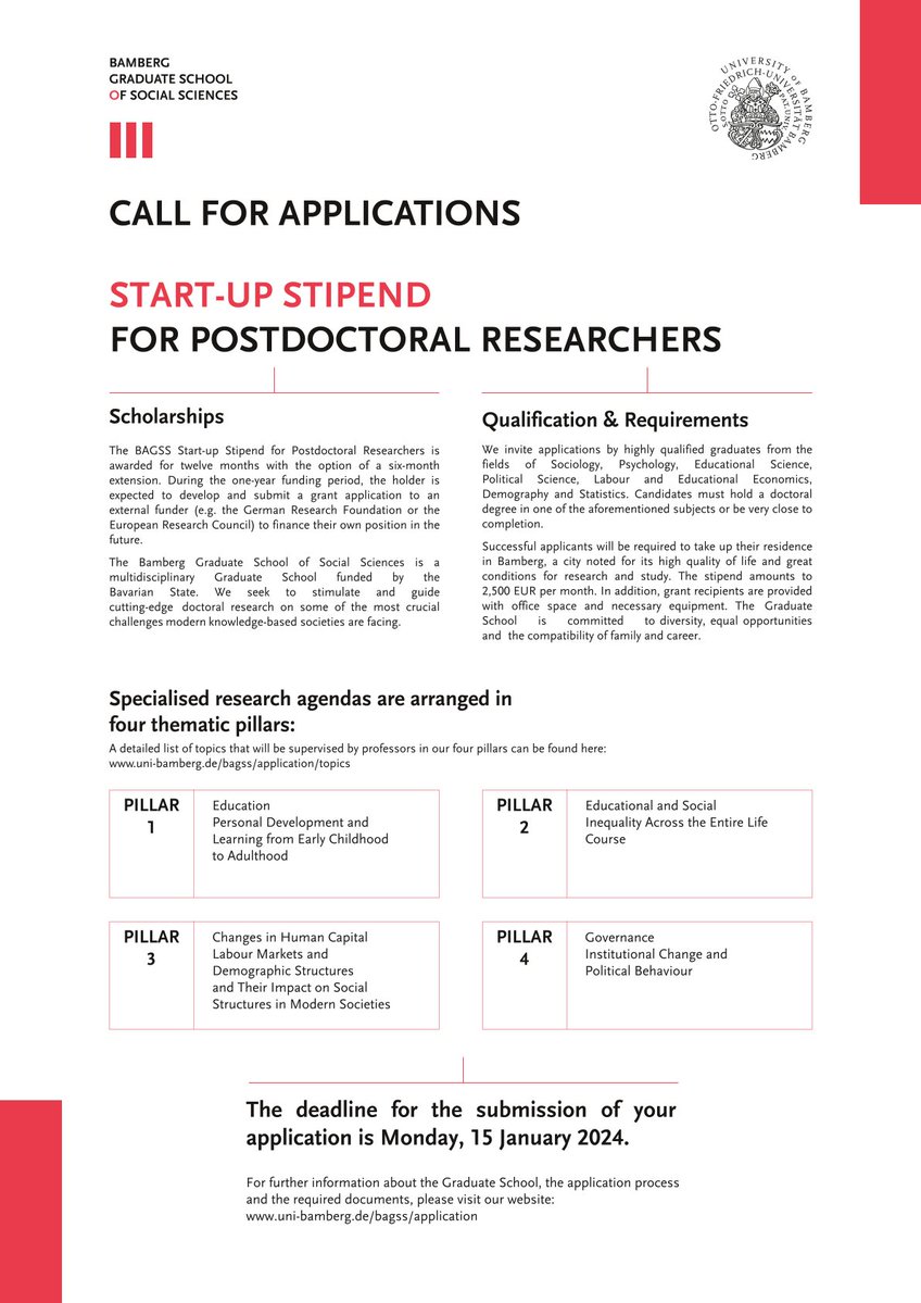 [Call for Applications]

The Graduate School is still accepting applications for Start-Up Stipends For Postdoctoral Researchers!

Deadline for applications: Monday, 15 January 2024. Scholarships are available from: 1 April 2024.

For more information visit our website.