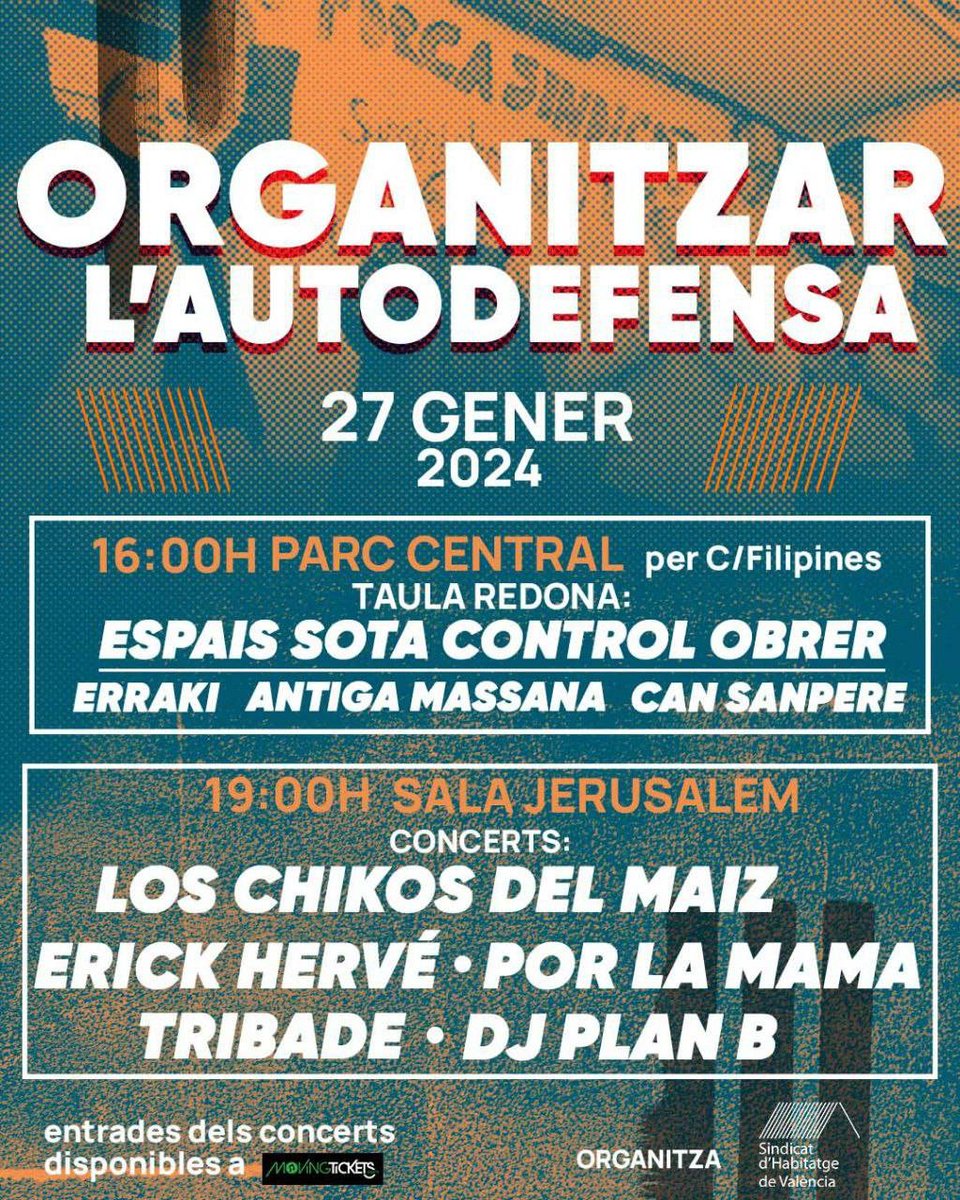 ✊ORGANITZEM L'AUTODEFENSA!

🗓El 27 de gener esteu totes convidades a una jornada solidària on: 

👉 Debatrem al voltant dels espais sota control obrer amb <a href="/Errakibabes/">Erraki</a>, <a href="/antigamassana/">Antiga Massana</a> i <a href="/CanSanpere_/">Can Sanpere 🏭</a>.

🎶 Després concert solidari: entrades en movingtickets.com/Entradas-ORGAN…