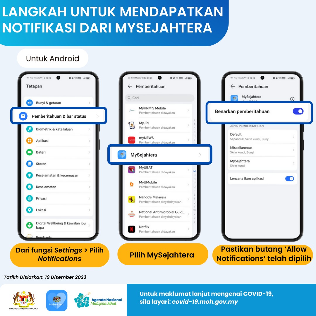 PERINGATAN! Aktifkan fungsi notifikasi aplikasi MySejahtera anda. Sila ikuti langkah-langkah dibawah untuk mendapatkan notifikasi dari MySejahtera: #MySejahtera#AplikasiKesihatanAwam#BersamahentikanwabakCOVID19#perangiCOVID19