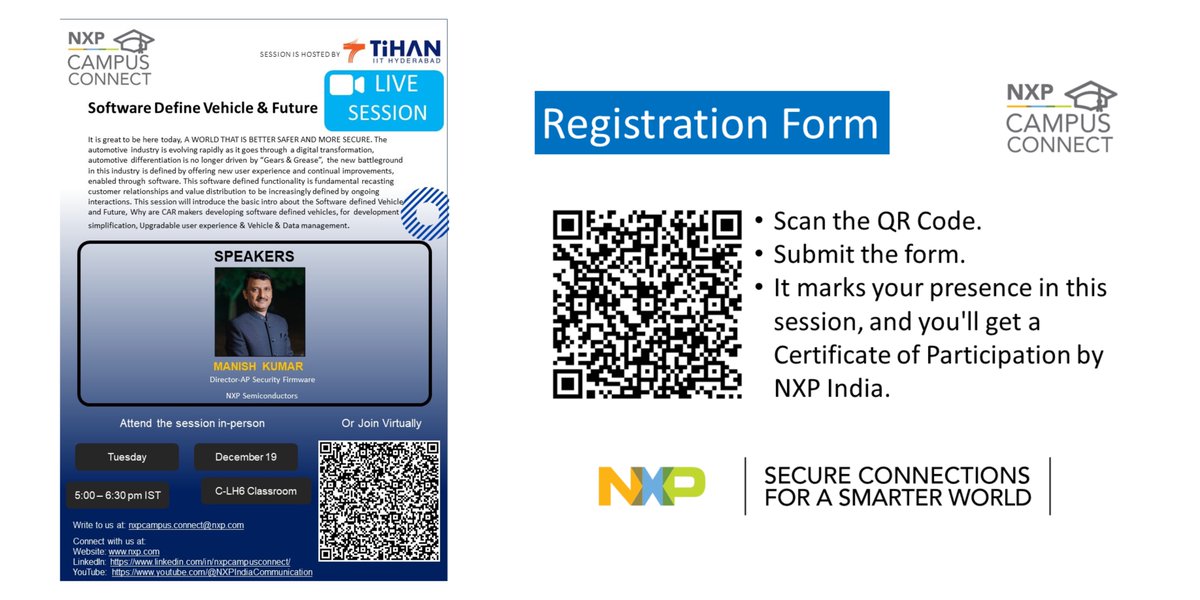 NXP Campus Connect 'Software Defined Vehicles & Future': Webinar on December 19th co-hosted by NXP and TiHAN IIT Hyderabad
#Tihaniith #nxp