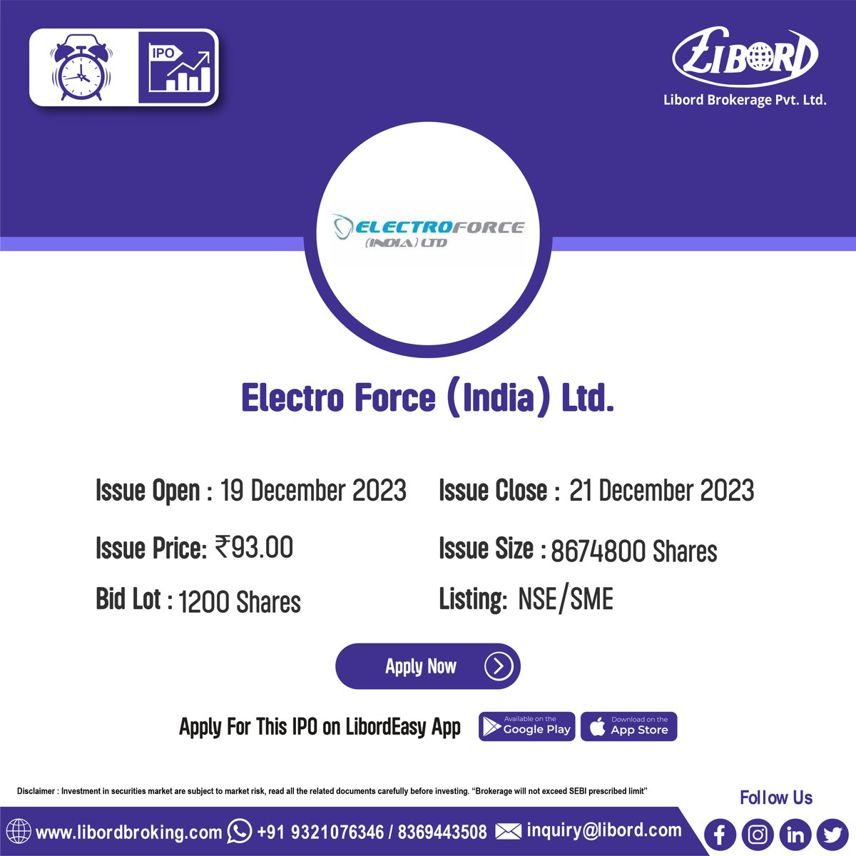 LibordBrokerage's tweet image. Electro Force (India) Ltd, RBZ Jewellers Ltd, Shanti Spintex Ltd and Happy Forgings Ltd #IPO hit the market from #Today
Hurry to book your IPO at ekyc.libordbroking.com/eipo

#ApplyIPO #BookIPO #LatestIPO #IPOalert #IPONEWS #viralpost #nifty #virals #nse #IPO #bse #sebi #chatgpt