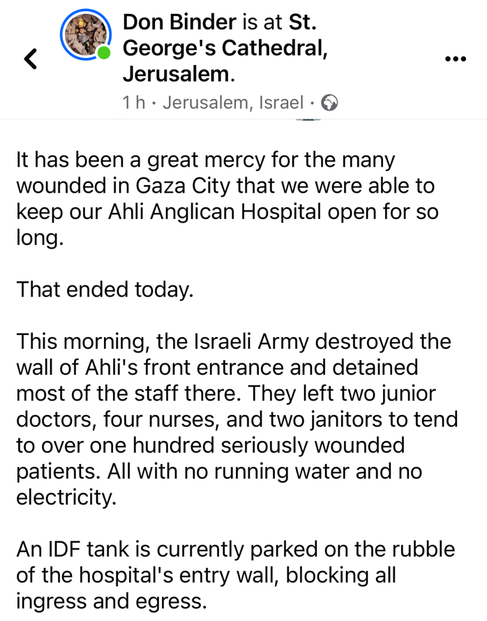 FollowEmbrace's tweet image. &quot;The Israeli Army destroyed the wall of Ahli&apos;s front entrance and detained most of the staff there.&quot;

A deeply distressing update about our partner, Al Ahli Hospital in Gaza City, from the Chaplain to the Anglican Archbishop in Jerusalem:

(1/3)