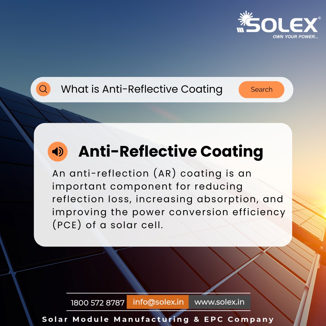 An anti-reflection (AR) coating is an important component for reducing reflection loss, increasing absorption, and improving the power conversion efficiency (PCE) of a solar cell.

#solex #solarbysolex #renewableEnrgy #solar #solarpanels #gogreen #rooftopsolar