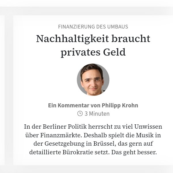 Philipp Krohn (@pkrohn1) on Twitter photo Wenn Berlin mehr privates Kapital für den ökologischen Umbau der Wirtschaft bewegen will (was nötig ist), braucht es in der Politik mehr Finanzmarktwissen. Mein #ökoliberaler Blick auf Sustainable Finance. Leitartikel <a href="/faznet/">Frankfurter Allgemeine</a>
zeitung.faz.net/faz/wirtschaft… Wenn Berlin mehr privates Kapital für den ökologischen Umbau der Wirtschaft bewegen will (was nötig ist), braucht es in der Politik mehr Finanzmarktwissen. Mein #ökoliberaler Blick auf Sustainable Finance. Leitartikel <a href="/faznet/">Frankfurter Allgemeine</a>
zeitung.faz.net/faz/wirtschaft…