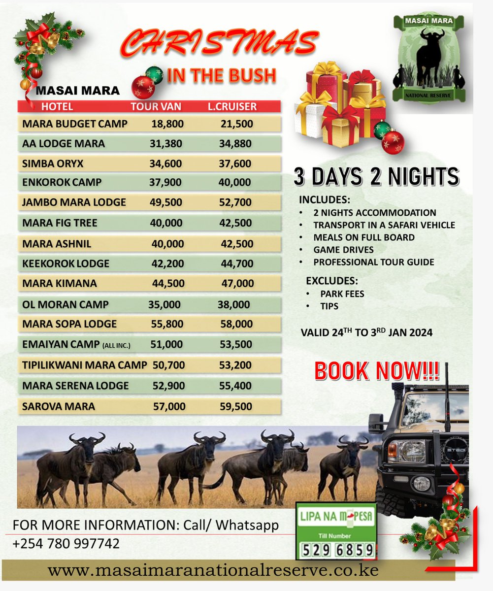 Xmas in the bush For Safari bookings Contact +254 780 997742 Email: bookings@masaimaranationalreserve.co.ke