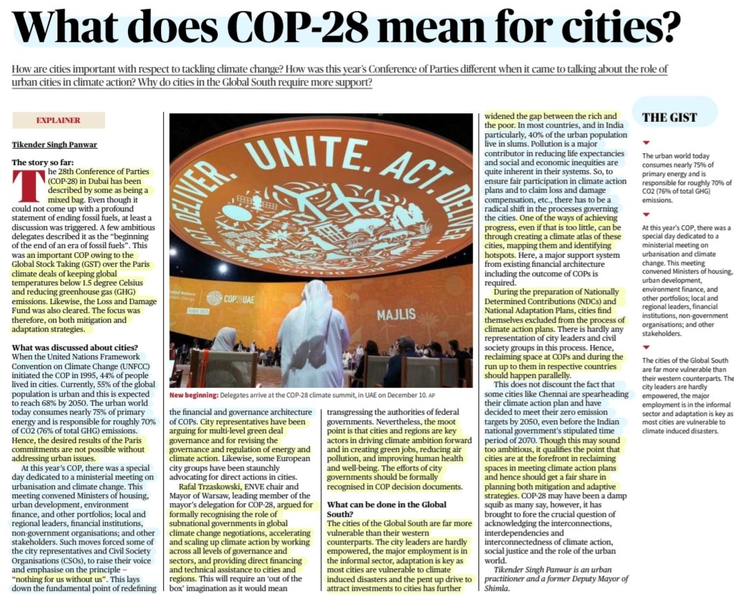 'What does COP-28 mean for Cities?'

:Well explained by Sh Tikender Singh Panwar
@tikender 

#UNFCCC
#COP28 #COP28UAE #GST
#Greenhousegas #emissions #LossAndDamage 
#city #Representation #CSOs
#NothingForUsWithoutUs #urban
#localgov #GlobalSouth #Empowerment 

#UPSC 

Source: TH