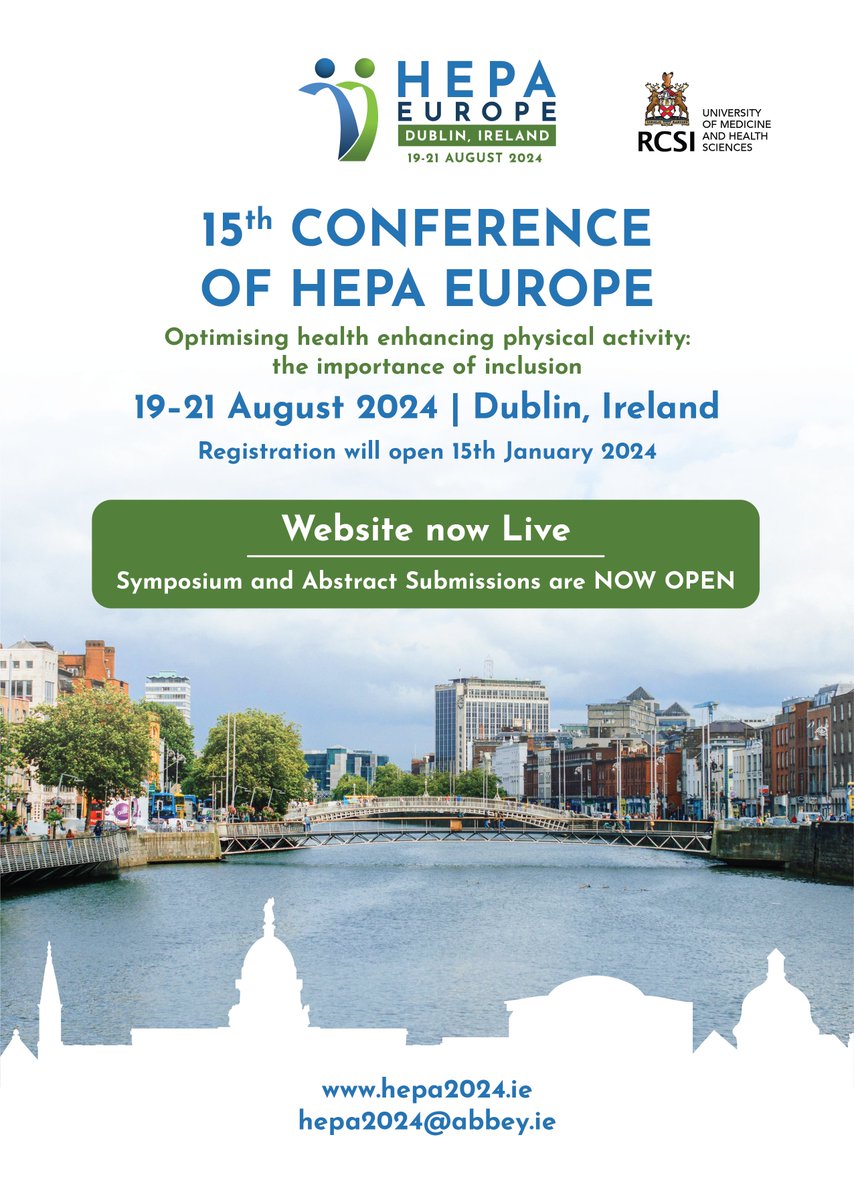 HEPA Europe (@hepaeurope) on Twitter photo The 2024 conference of <a href="/hepaeurope/">HEPA Europe</a>
"Optimizing Health Enhancing Physical Activity: The Importance of Inclusion"
will be held in Dublin, Ireland 🇮🇪 19 – 21 August 2024 by @RCSIPhysio
The call for Symposiums is now open until 19th January See 👉 hepa2024.ie The 2024 conference of <a href="/hepaeurope/">HEPA Europe</a>
"Optimizing Health Enhancing Physical Activity: The Importance of Inclusion"
will be held in Dublin, Ireland 🇮🇪 19 – 21 August 2024 by @RCSIPhysio
The call for Symposiums is now open until 19th January See 👉 hepa2024.ie