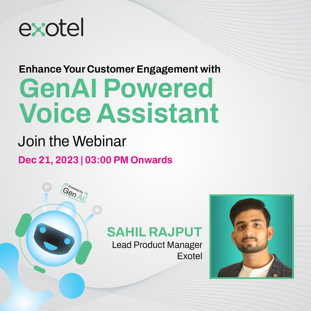 Embrace the future of customer engagement! Join us on December 21st for an exclusive webinar featuring Mr. Sahil Rajput, who will unveil the transformative capabilities of Exotel's #GenAI Voice Assistant. Register Now: bit.ly/3v70H2C #AI #voicebot #customerexperience