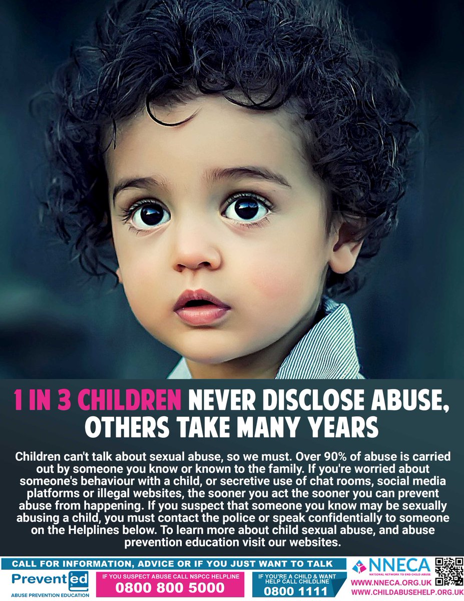 1 in 3 CHILDREN NEVER DISCLOSE ABUSE 
Children can’t talk about sexual abuse, so we have too. If you suspect abuse, even from a loved one, SPEAK UP to help them &amp; prevent abuse 
#ChildAbuseHelp #FamilySecret #CSE 
#OnlineSafety #PreventED nneca.org.uk