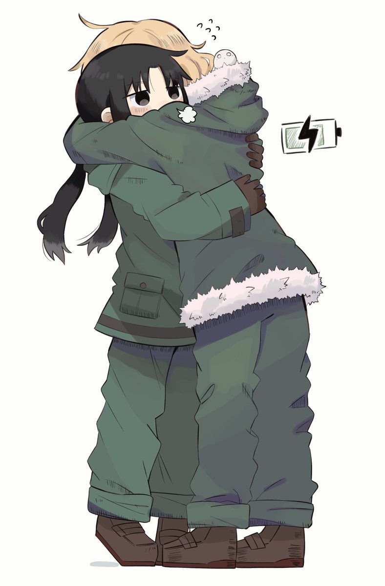 chito (shoujo shuumatsu ryokou) ,yuuri (shoujo shuumatsu ryokou) multiple girls 2girls black hair blonde hair hug green pants gloves  illustration images