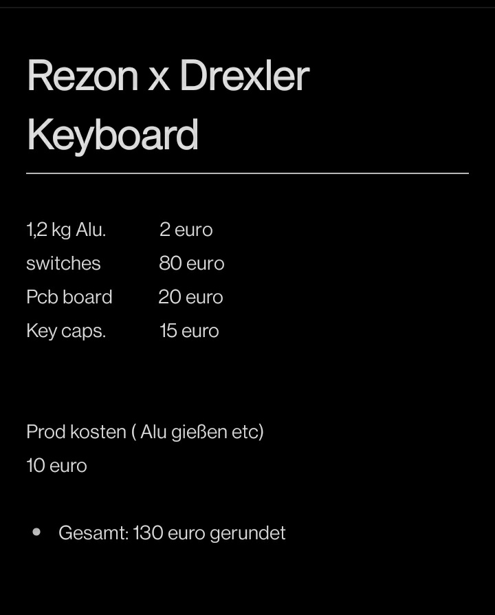 Seelachs13's tweet photo. Das sind die Sehr Sehr groben kosten für das Keyboard wenn man die switches nicht unter einem Vertrag mit Cherry MX kauft, zu dem PCb Board gibt es keine Info deswegen hab ich ein groben Mittelwert genommen, Key Caps hab ich den Durchschnitt genommen, Prod kosten auch nur grob https://t.co/U4fk81rCLR