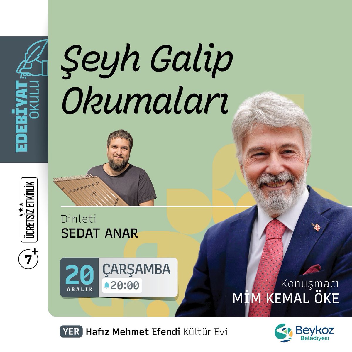 📣 'Şeyh Galip Okumaları' programımızda, divan edebiyatımızın son büyük şairlerinden olan Şeyh Galip'in şiir şerhlerini dinlemeye devam edeceğiz. Prof. Dr. Mim Kemal Öke'nin kıymetli anlatımına, Sedat Anar da santuru ile eşlik edecek. Bekleriz.