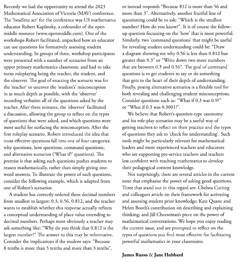 James Russo (@surfmaths) on Twitter photo Thanks to <a href="/robertkaplinsky/">Robert Kaplinsky</a> for headlining this year's MAV conference in Victoria. We've dedicated most of our editorial for this issue of Australian
Primary Mathematics Classroom to his stimulating session on questioning <a href="/maths_vic/">The Mathematical Association of Victoria (MAV)</a> <a href="/mminas8/">Michael Minas</a> <a href="/aamtinc/">AAMT</a> <a href="/mic_epstein/">Michaela Epstein</a> <a href="/misterwootube/">Eddie Woo</a> Thanks to <a href="/robertkaplinsky/">Robert Kaplinsky</a> for headlining this year's MAV conference in Victoria. We've dedicated most of our editorial for this issue of Australian
Primary Mathematics Classroom to his stimulating session on questioning <a href="/maths_vic/">The Mathematical Association of Victoria (MAV)</a> <a href="/mminas8/">Michael Minas</a> <a href="/aamtinc/">AAMT</a> <a href="/mic_epstein/">Michaela Epstein</a> <a href="/misterwootube/">Eddie Woo</a>