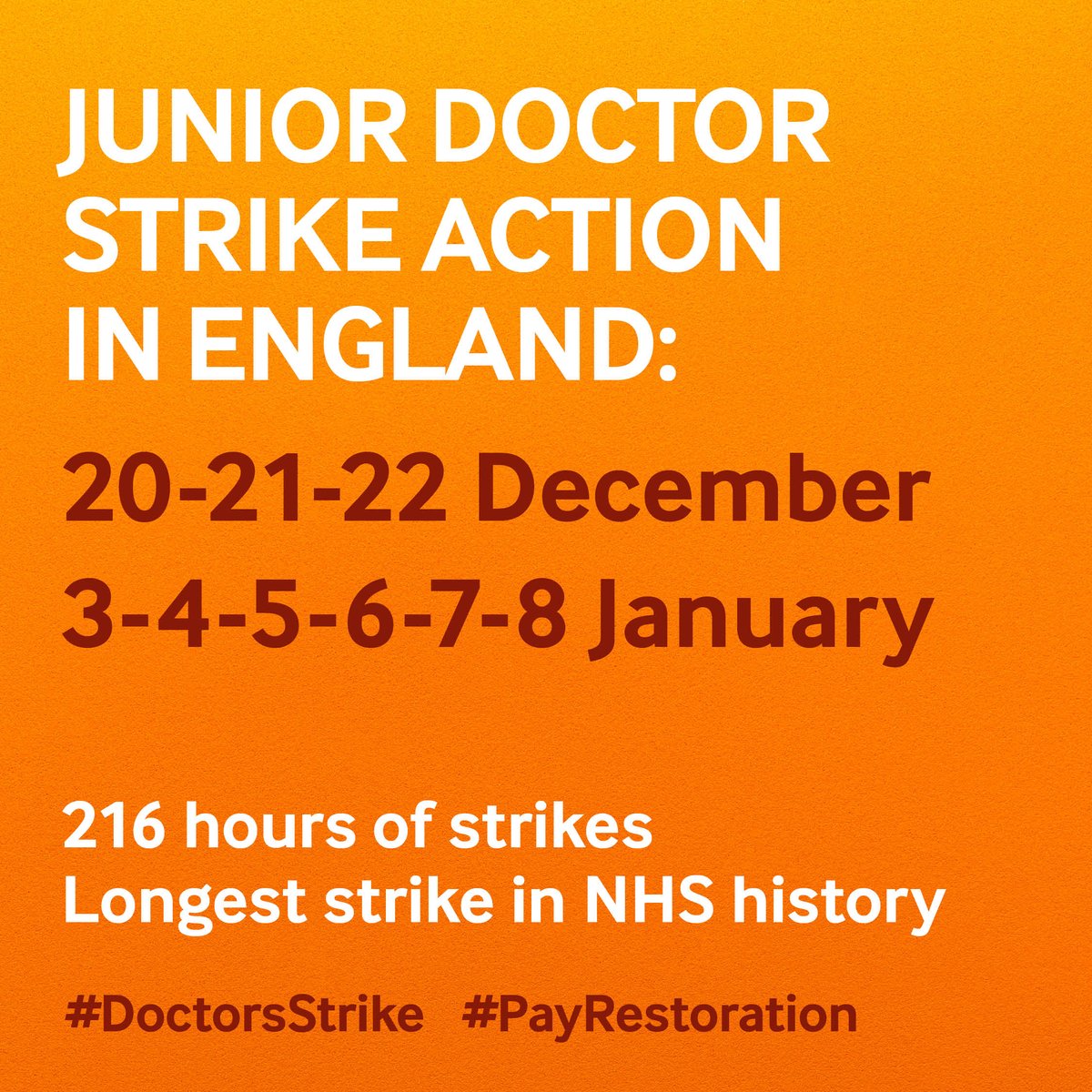 Our next strike action in England starts tomorrow at 7am. Junior doctors should not attend any shifts starting after 6.59am tomorrow up until shifts starting after 6.59am on Saturday. Read the full guidance 👇 bma.org.uk/our-campaigns/…