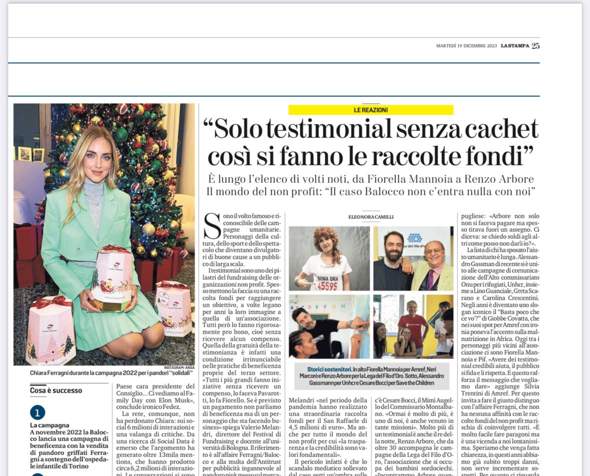 EleonoraCamilli's tweet photo. Oggi su La Stampa a partire dal caso #FerragniBalocco racconto i testimonial nelle organizzazioni non profit 
(che non prendono cachet) https://t.co/mykiL5fnQ7