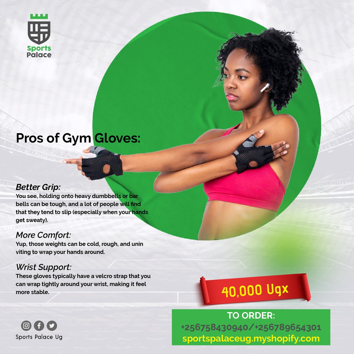 Maximize Your Workout with Gym Gloves! 💪✨ Say goodbye to calluses and discomfort. Our premium gym gloves provide superior grip, wrist support, and comfort. Get yours now at just 40,000/= on sportspalaceug.myshopify.com

#GymGloves #FitnessEssentials #BeMore