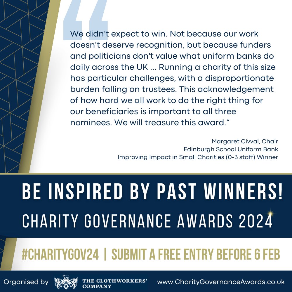 #CharityGov2024 is open! Choose from 6 categories that allow you to celebrate your #trustees. Entry is FREE! Be inspired by past winners like @EdinUniformBank (Improving Impact in Small #Charities 0-3 staff). Read their story & submit your entry at ow.ly/rxat50QfyWF