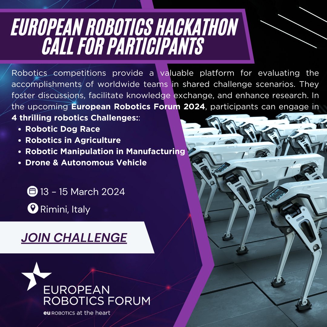 euRobotics (@eu_robotics) on Twitter photo ๐ค๐๐ฎ๐ซ๐จ๐ฉ๐๐๐ง ๐๐จ๐๐จ๐ญ๐ข๐๐ฌ ๐
๐จ๐ซ๐ฎ๐ฆ ๐๐ก๐๐ฅ๐ฅ๐๐ง๐ ๐๐ฌ & ๐๐๐๐ค๐๐ญ๐ก๐จ๐ง ๐ค
4 thrilling categories:
โขRobotic Dog Race
โขRobotics in Agriculture
โขRobotic Manipulation in Manufacturing
โขDrone & Autonomous Vehicle
๐More info at erf2024.eu/challenges/ ๐ค๐๐ฎ๐ซ๐จ๐ฉ๐๐๐ง ๐๐จ๐๐จ๐ญ๐ข๐๐ฌ ๐
๐จ๐ซ๐ฎ๐ฆ ๐๐ก๐๐ฅ๐ฅ๐๐ง๐ ๐๐ฌ & ๐๐๐๐ค๐๐ญ๐ก๐จ๐ง ๐ค
4 thrilling categories:
โขRobotic Dog Race
โขRobotics in Agriculture
โขRobotic Manipulation in Manufacturing
โขDrone & Autonomous Vehicle
๐More info at erf2024.eu/challenges/