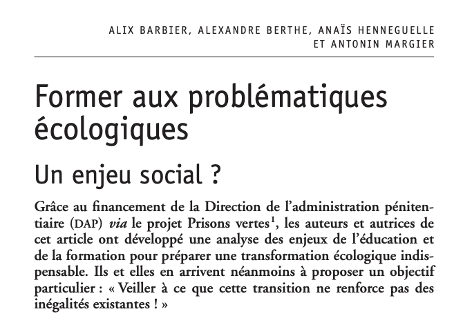 Réflexion commune sur la formation aux enjeux écologiques et les problématiques sociales associées parue dans les cahiers dynamiques : 
Former aux problématiques écologiques : un enjeu social ? : cairn.info/tap-me1xjhcxr7… 
Au plaisir d'avoir vos commentaires !
