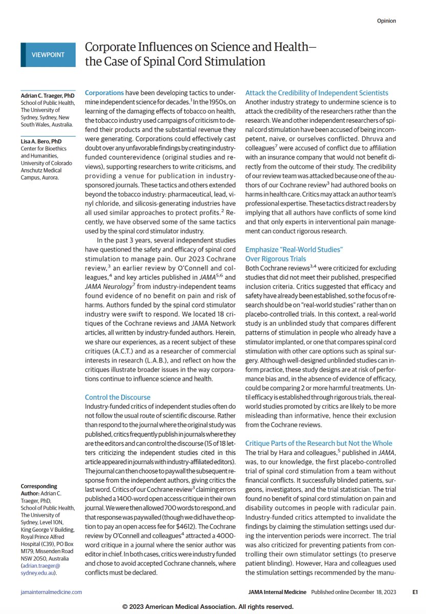 New paper out today in @JAMAInternalMed. Prof Lisa Bero and I analyse how industry-funded authors respond to unfavourable findings on spinal cord stimulation. Some concerning patterns... #backpain #ChronicPain jamanetwork.com/journals/jamai…