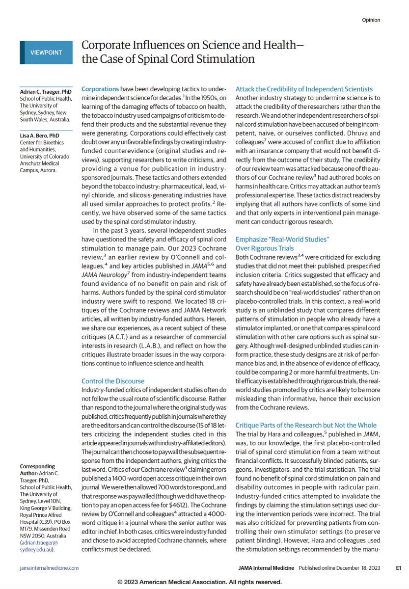 Adrian Traeger (@adrian_traeger) on Twitter photo New paper out today in <a href="/JAMAInternalMed/">JAMA Internal Medicine</a>. Prof Lisa Bero and I analyse how industry-funded authors respond to unfavourable findings on spinal cord stimulation. Some concerning patterns...
#backpain #ChronicPain
jamanetwork.com/journals/jamai… New paper out today in <a href="/JAMAInternalMed/">JAMA Internal Medicine</a>. Prof Lisa Bero and I analyse how industry-funded authors respond to unfavourable findings on spinal cord stimulation. Some concerning patterns...
#backpain #ChronicPain
jamanetwork.com/journals/jamai…