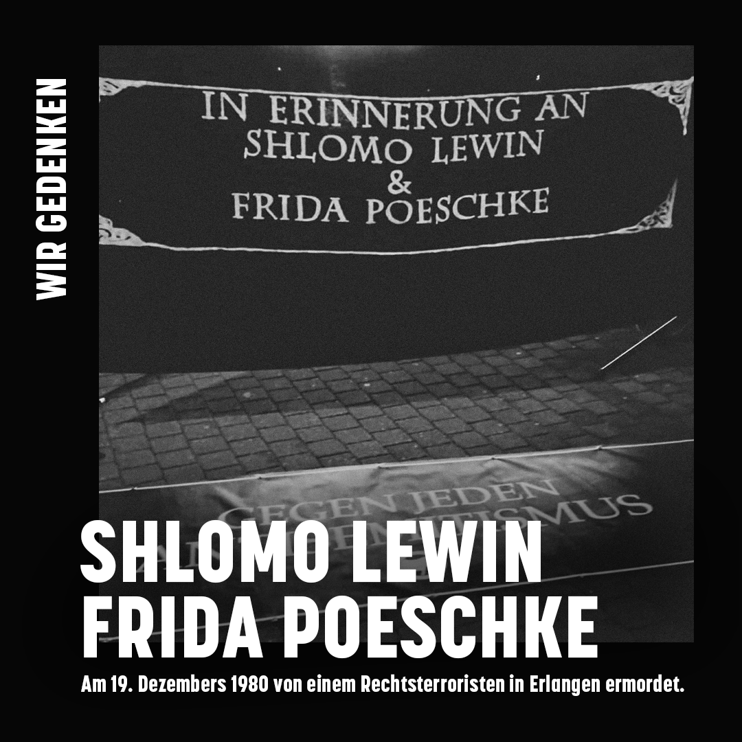 Wir gedenken heute Shlomo Lewin und Frida Poeschke. Sie wurden vor 43 Jahren, am 19. Dezember 1980, in #Erlangen von einem Mitglied der Wehrsportgruppe Hoffmann erschossen. Viele Fragen zu dem antisemitischen Doppelmord sind ungeklärt. #KeinVergessen #RechtenTerrorStoppen